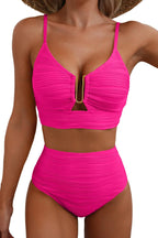 Solid Color V-neck Hollowed-out Pleated High Waist Stretch Two-Piece Bikini Swimsuit