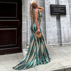 Evening Party Formal Cocktail Maxi Banquet Sling Long Tail Irregular Asymmetric Stripes Host Dress Sequ Dress