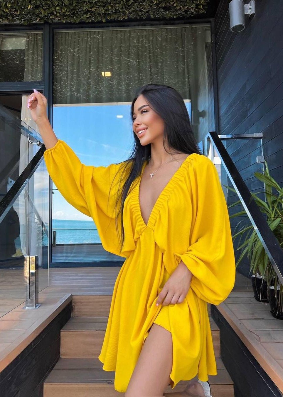 Elegant V-Neck Mini Dress - Chic Lantern Sleeve Party Gown