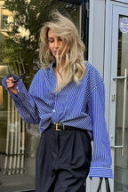 Blue White Stripe Button Blouse
