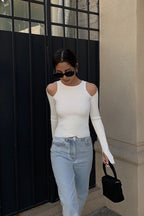 Retro Crew Neck Off-Shoulder Split-Cuff Slim Knit Top