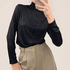 Black Textured Striped Turtleneck Top