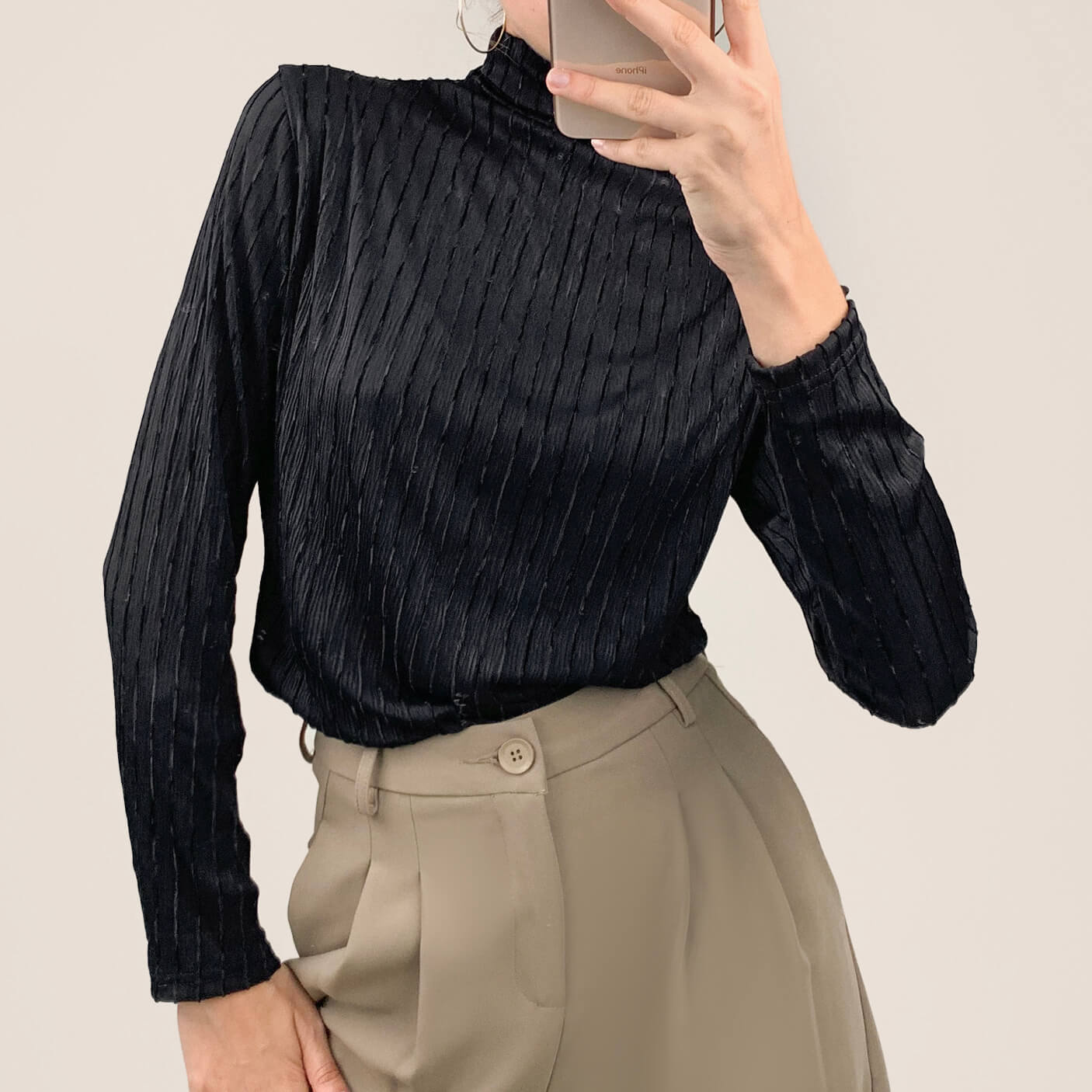 Black Textured Striped Turtleneck Top