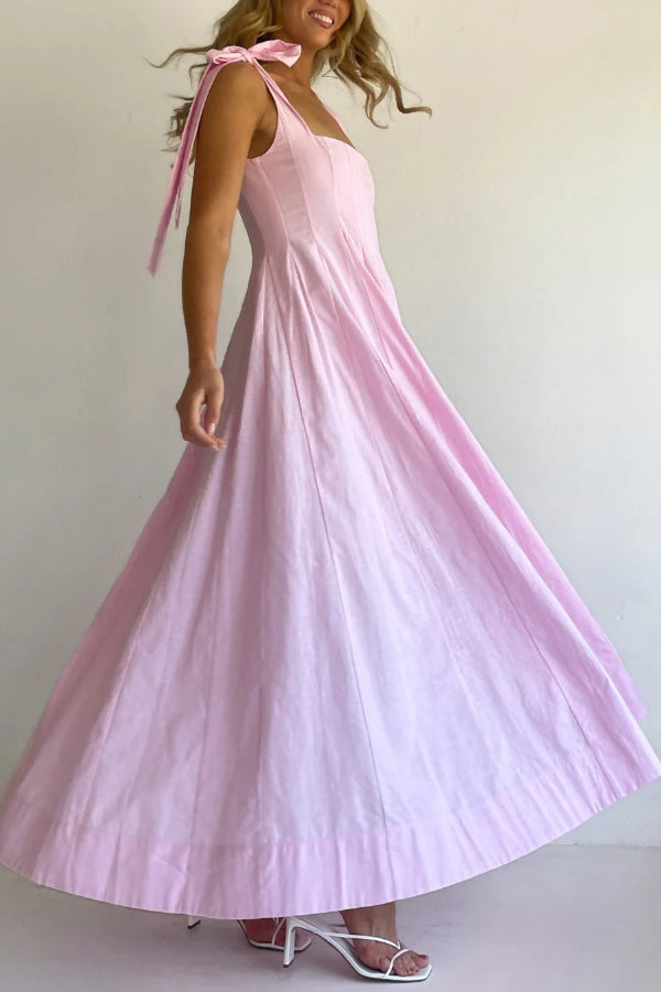 Solid Color Sleeveless Tie-up Suspender Elegant Patchwork Maxi Dress