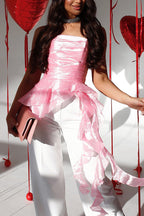 Perfectly Lightweight Pleated Organza Drape Ruffles Strapless Tank Top
