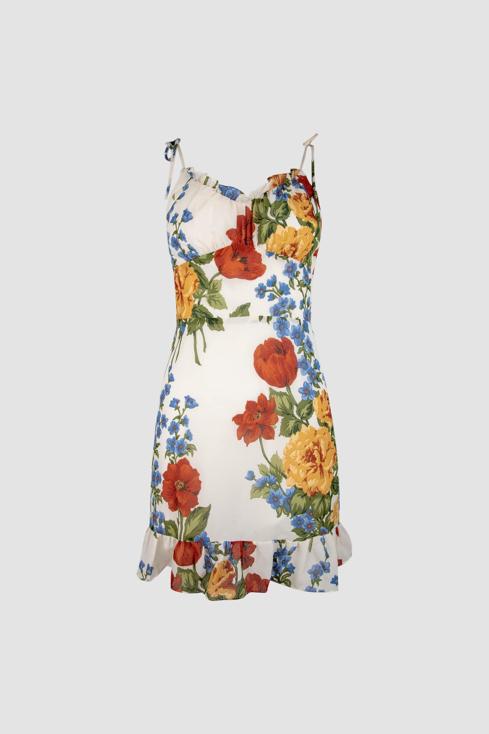 Ivory Floral Print Tie Strap Ruffled Hem Mini Dress