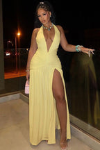 Halter VNeck Backless Ruched Slit Cocktail Dress