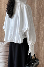 Structured Oversized Lapel V Neck White Blouse