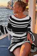 Striped Knit Open Back Bell Sleeve Tie Mini Dress
