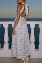 Polka Dot Print Halter Neck Fitted Waist Holiday Maxi Dress