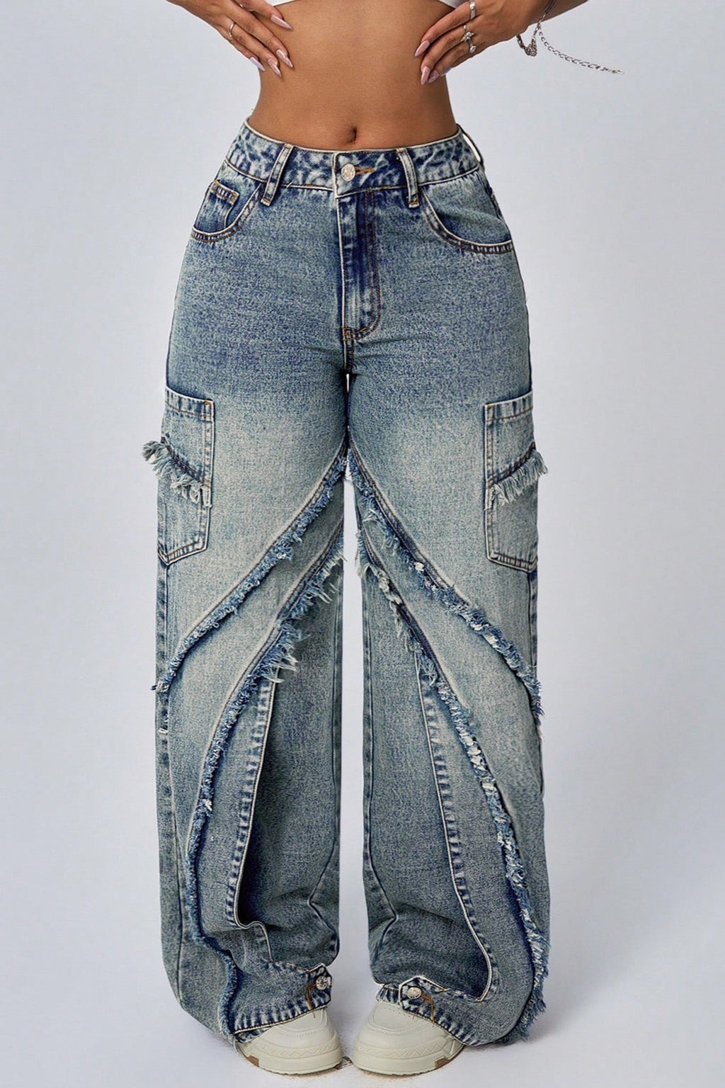 Frayed Patchwork Wide-Leg Loose Denim Jeans