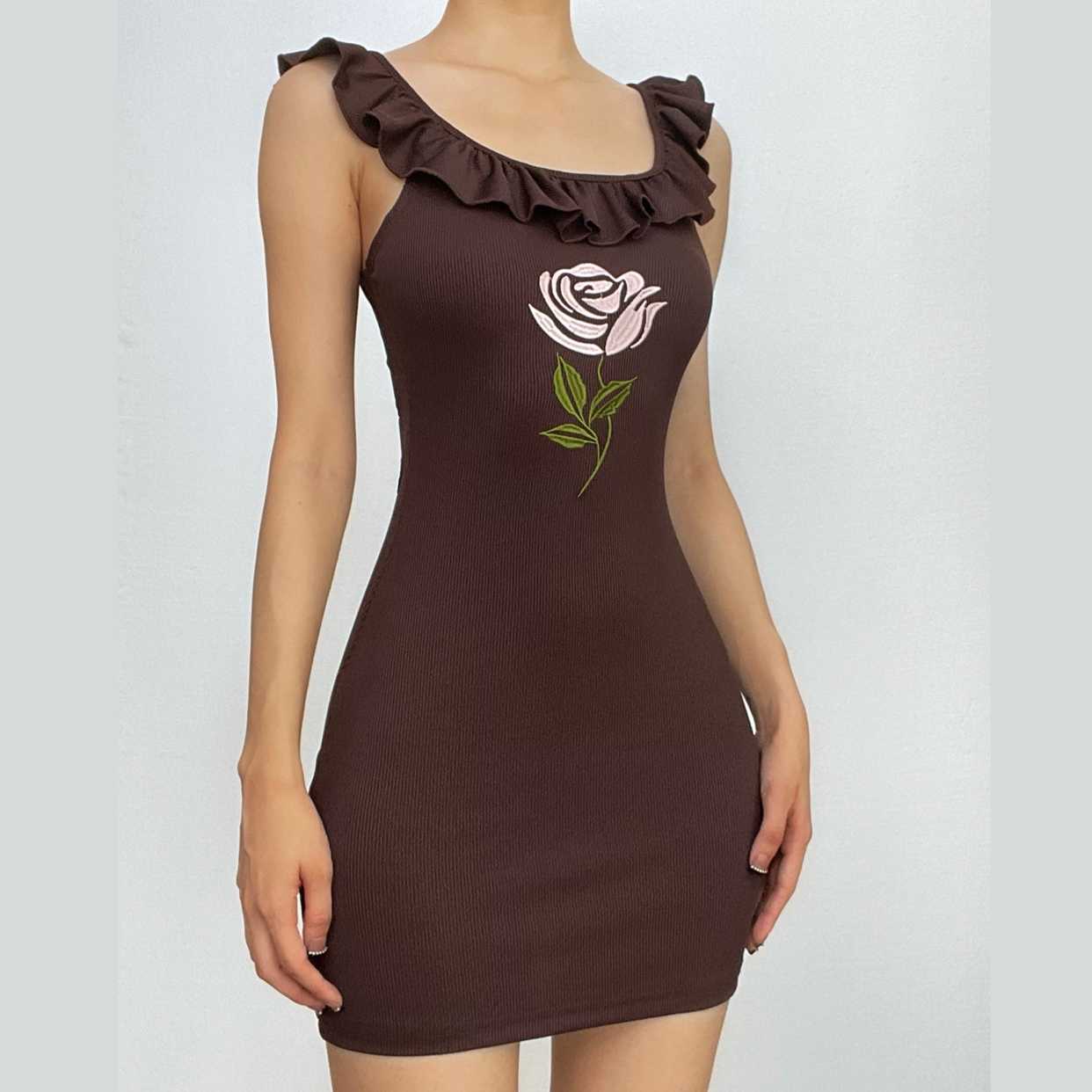 Ribbed cap sleeve flower embroidery ruffle mini dress
