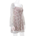 Lace square neck long flared sleeve zip-up ruffle mini dress