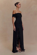 Off-Shoulder Ruffle Mesh Split Maxi Party Dress