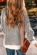 Bright Pink Striped Contrast Trim Loose Sweater