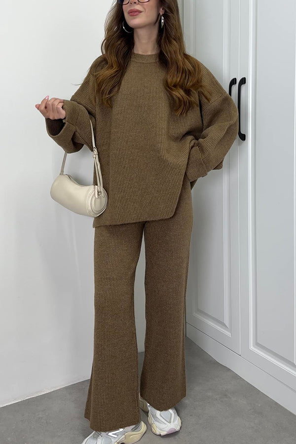 Solid Color Loose Long-sleeved Knit Top and Elastic Waist Casual Straight Leg Pants Set