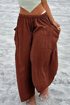 Elastic-waist Pleated Wide-leg Loose Cotton Linen Trousers
