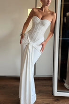 Carina Sequined and Satin Jersey Off Shoulder Ruched Knot Drape Maxi Dress