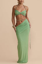 Emara Stretch Mesh Hand Beaded Trim Gathered Sweetheart Crop Halter Vacation Tank