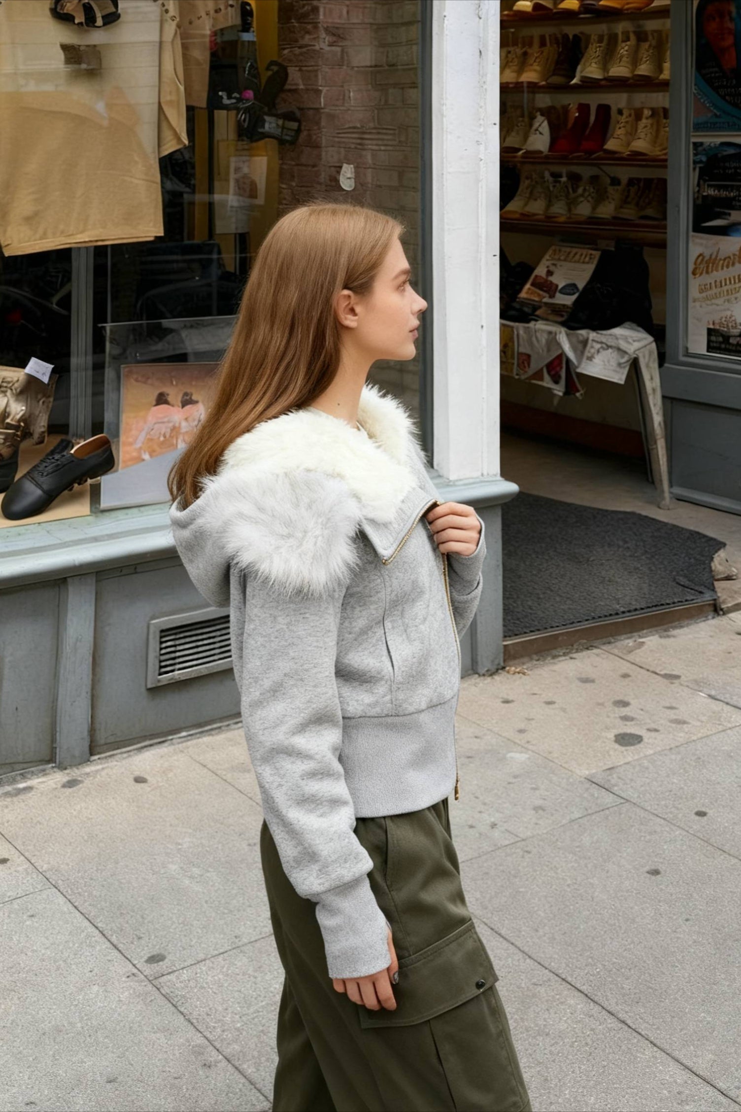 FleeceLined Hooded FurCollar Zip Short Jacket