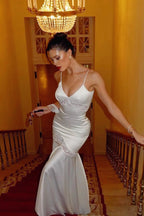 Solid Color V-Neck Lace Insert Silk Dress