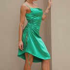 Cowl neck slit satin ruched midi dress