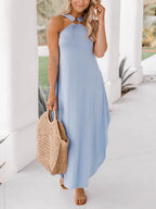 Halter Light Blue Midi Dress with Pocket