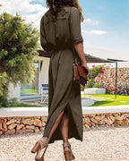Ariadna Premium Stylish Long Sleeved Dress with Buttons and Belt Chic Silhouette Collection
