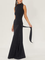 High Necked Sleeveless Long Dress With Ribbons And Bright Silk