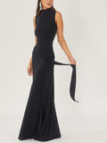 High Necked Sleeveless Long Dress With Ribbons And Bright Silk