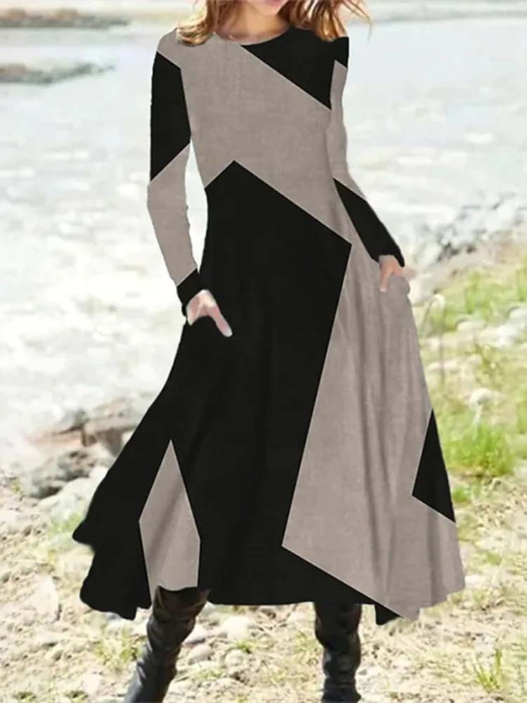 Gray Black Geometric Color Block Dress