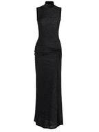 High Necked Sleeveless Long Dress With Ribbons And Bright Silk