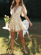 Chiffon Printed V - Neck Puff Sleeve Mini Dress