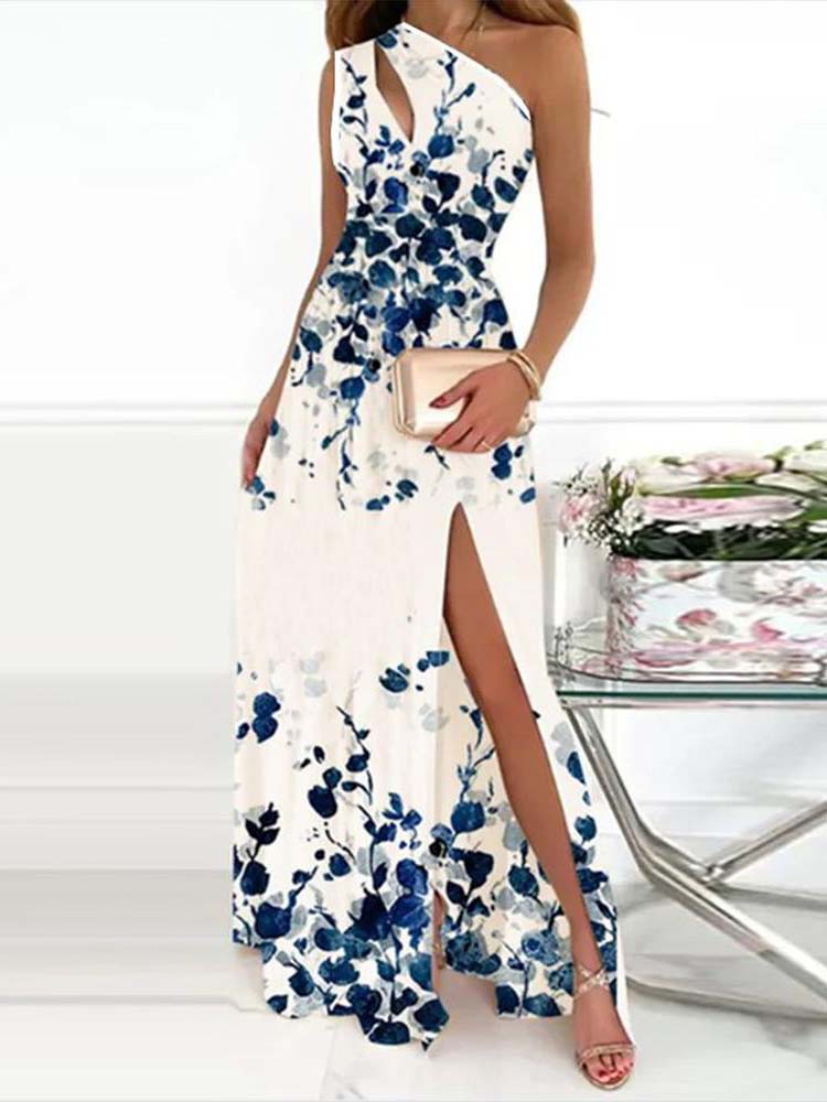 Chic Print One Shoulder Maxi Dress