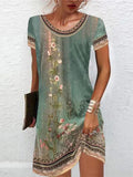 Green Print Round Neck Mini Dress