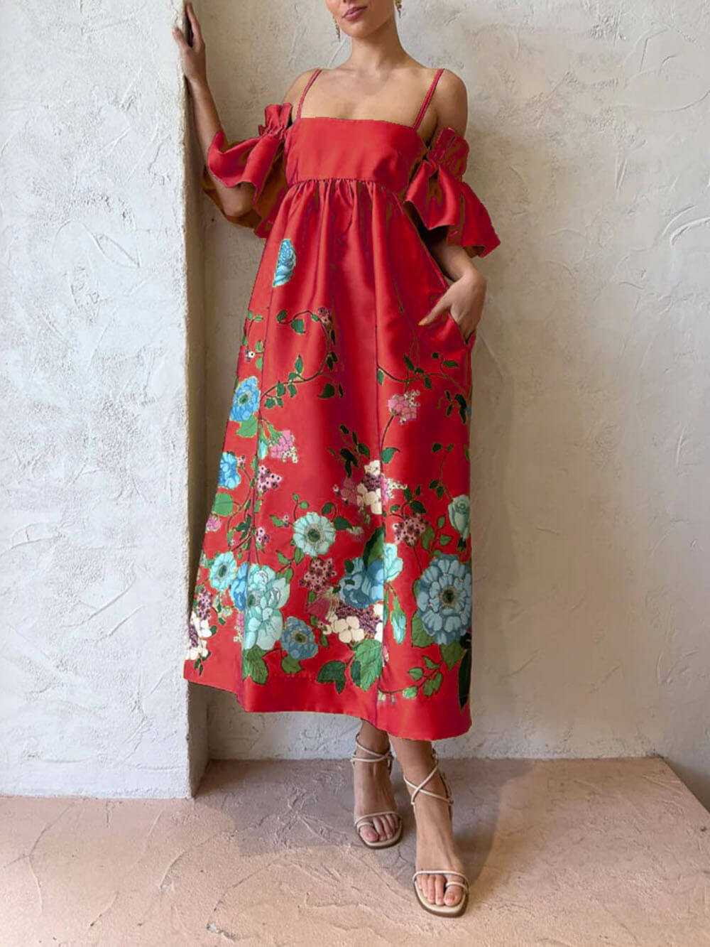 Marigold Printed Gathered Sleeve Pocketed A - Line Midi Dress