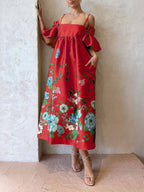 Marigold Printed Gathered Sleeve Pocketed A - Line Midi Dress