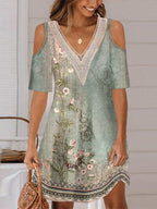 Basic Short Sleeve Green Print Mini Dress