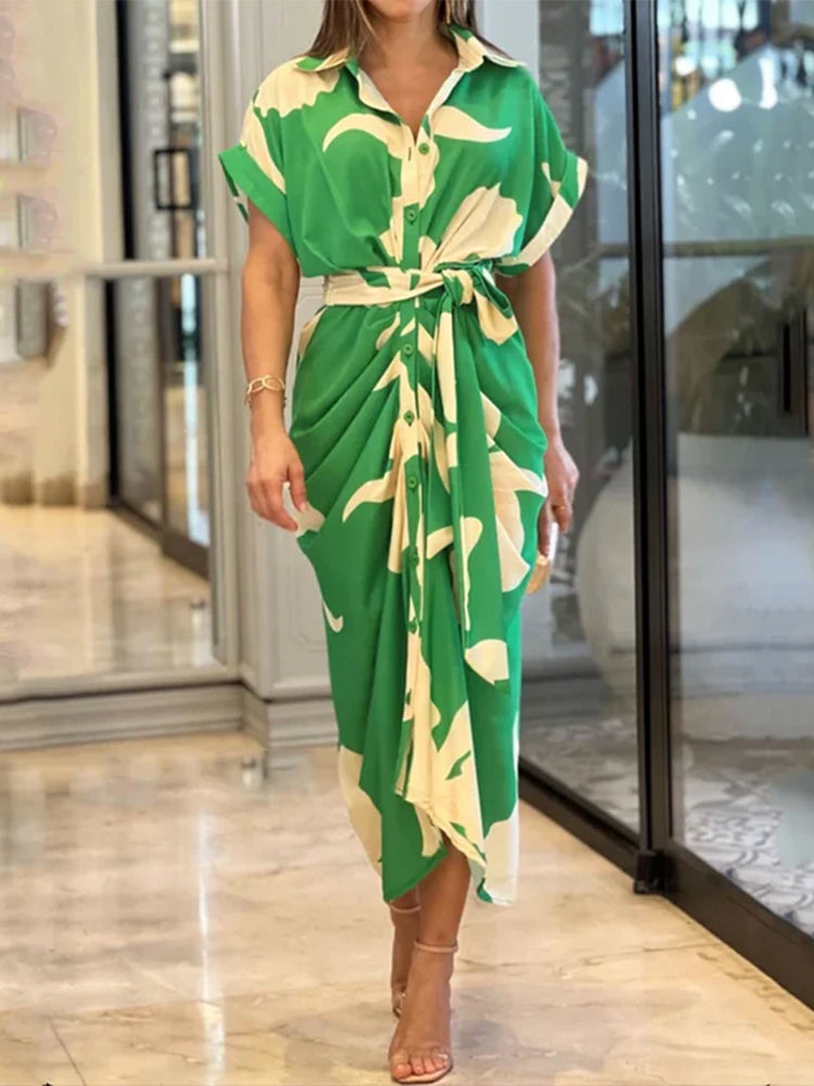 Casual Lapel Neck Waist Print Shirt Dress