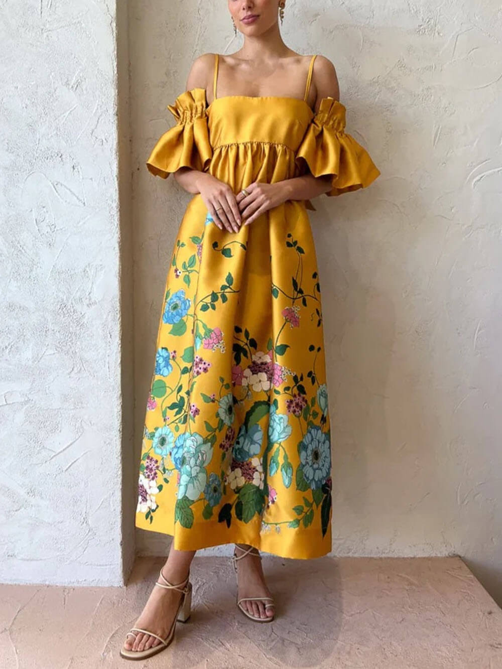 Marigold Printed Gathered Sleeve Pocketed A - Line Midi Dress