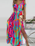 Colorful Swirl Cold Shoulder High Slit Maxi Dress
