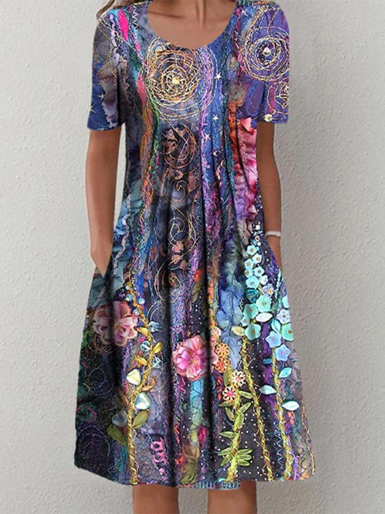 Boho Chic Watercolor Garden Short Sleeve Pleated Midi Dress