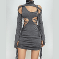 Lace up hollow out turtle neck irregular drawstring shrug mini dress