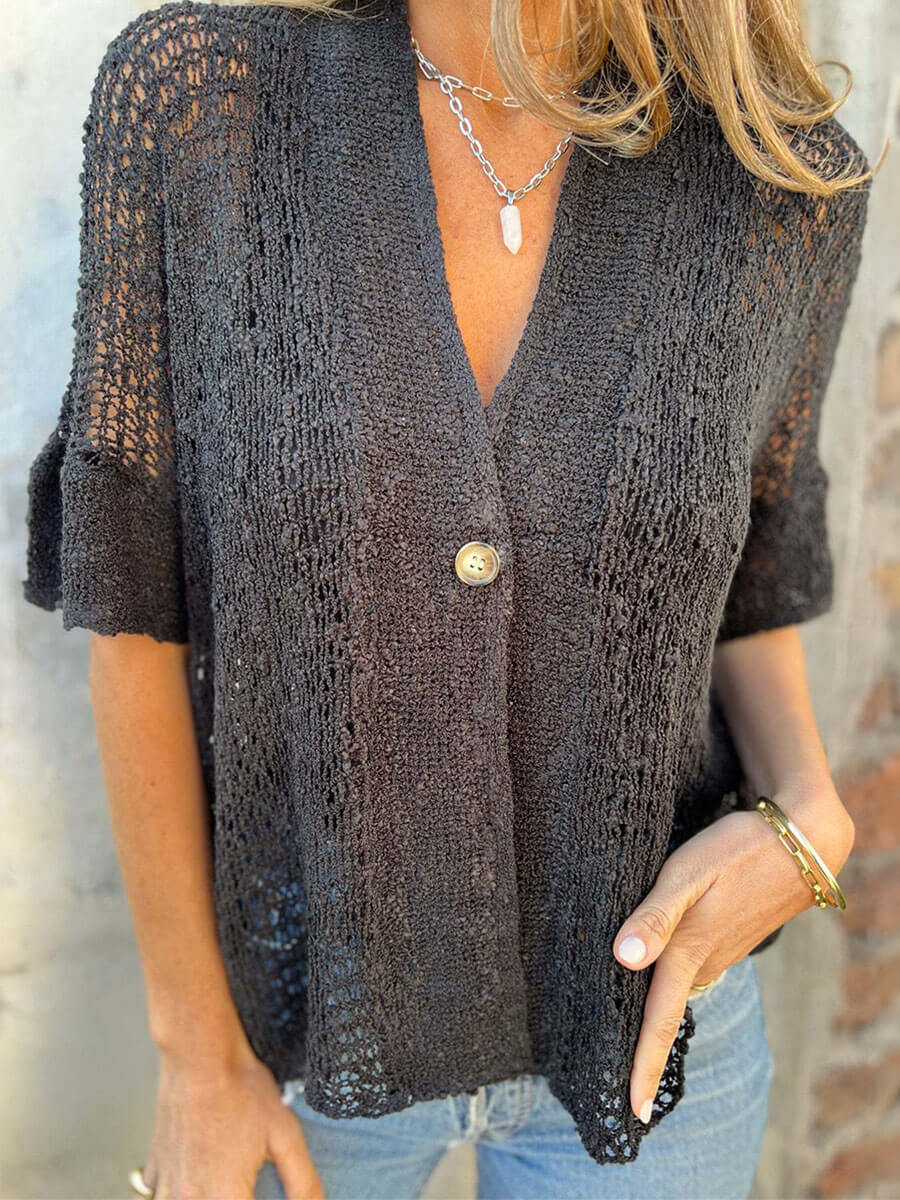 Hollow One Button Knit Tops