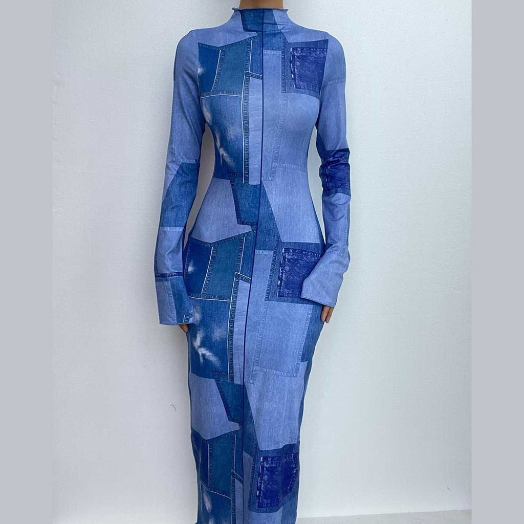 Denim print long sleeve high neck stitch contrast slit maxi dress
