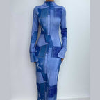 Denim print long sleeve high neck stitch contrast slit maxi dress