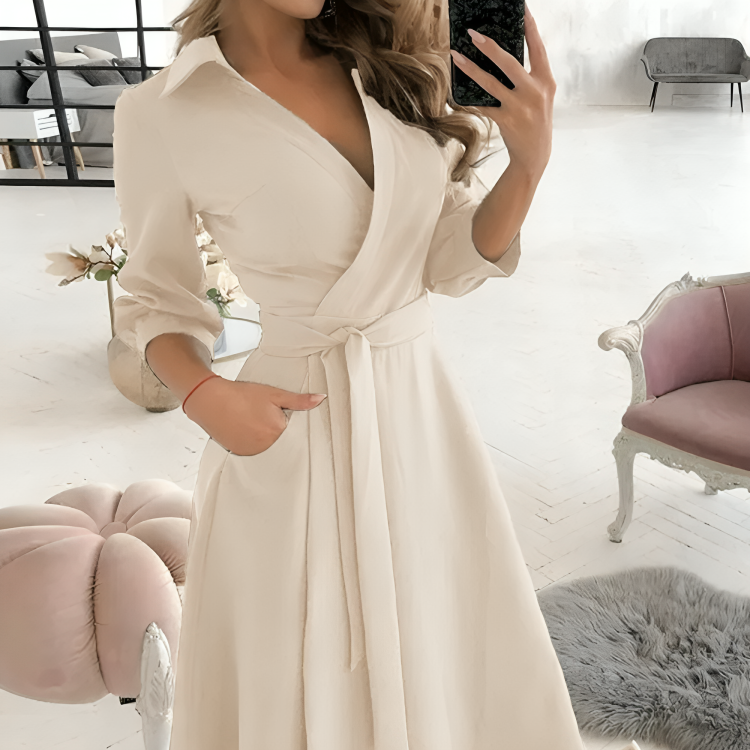 Sofia Effortless Long Sleeved Dress with a V Neck Designer Edit