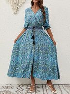 Fresh Print Maxi Dress-Blue