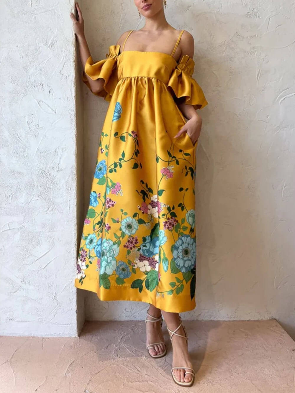Fiora Exclusive Dress with Marigold Flower Sleeves Premium Wardrobe Essential