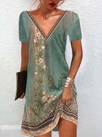 Fancy Trim Watercolor Floral Mini Dress